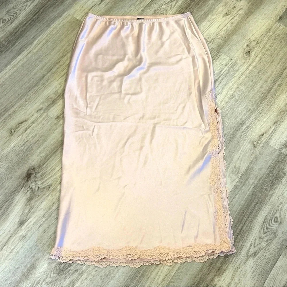 Balletcore Blush Pink Sleek Satin Lace Trim Long Maxi Skirt Cottagecore Feminine